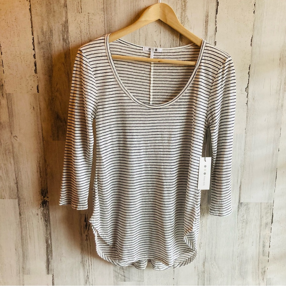 NWT Three Dots Linen Cotton Blend Knit Top XS White Black Striped Semi Sheer